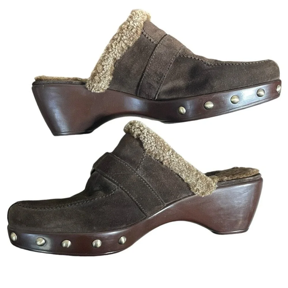 Stuart Weitzman Clogs Mule Brown Suede Sherpa Lined‎ Platform 9 Boho